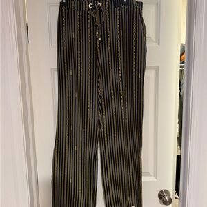 Michael Kors Navy & Gold Chain Print Stretch Tie Waist Pants Size Large